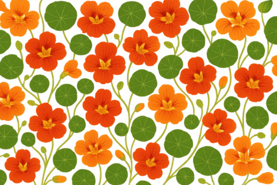 Nasturtium flower seamless pattern creating a vibrant floral design on a transparent background - Powered by Adobe