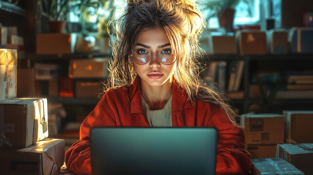 Woman working on laptop in warehouse, managing online store and e-commerce logistics, or making online shopping, surrounded by packages and delivery boxes. Black Friday, Cyber Monday sales marketing.