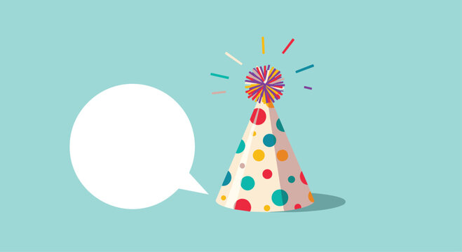 Festive polka-dot birthday party hat with a colorful pom-pom and a blank speech bubble for custom text on a light blue background.