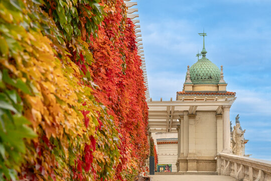 A part of Buda royal castle in Autunm. Amazing colorful trees sorrounding the historical old buildings. - Powered by Adobe