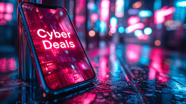 Futuristic cyberpunk smartphone scene with glowing Cyber Deals typography. Cyber Monday, Black Friday, seasonal sales. E-commerce, online discounts, digital shopping, modern marketing campaign visuals