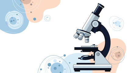 Professional laboratory microscope for scientific research and analysis with abstract cell-like shapes in the background and copy space.