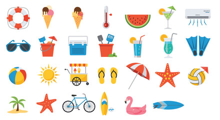 Large collection of colorful flat design icons representing various summer vacation and beach holiday activities and items.