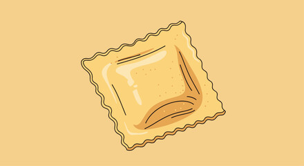 Hand-drawn style illustration of a single square ravioli pasta with crimped edges ready for cooking on a solid light brown background.