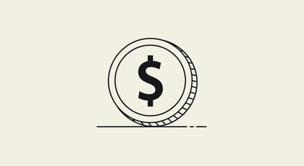 Minimalist line art icon of a single coin with a dollar sign representing money finance and currency on a light-colored background.