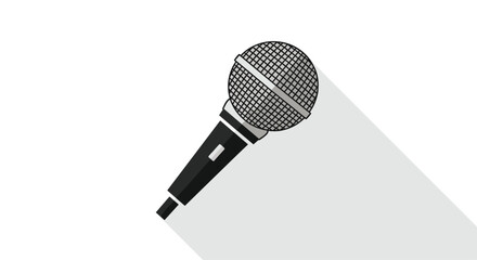 Professional dynamic microphone icon in a black and silver flat design style with a long shadow for recording or live performance.