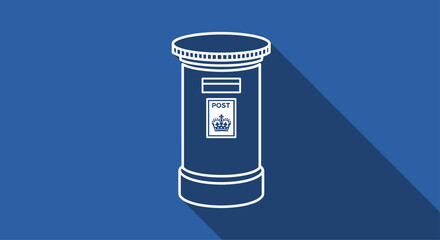 White outline icon of a classic British post box with the royal cypher in a flat design style on a solid blue background.