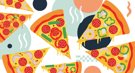 Fun and colorful pattern background of cheesy pizza slices with pepperoni and vegetable toppings on a modern abstract geometric design.