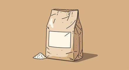 Hand-drawn illustration of a paper bag of flour or sugar with a blank label for branding and a small pile on the side.