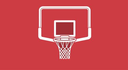 White silhouette icon of a professional basketball hoop net and backboard for sports and recreation on a solid red background.