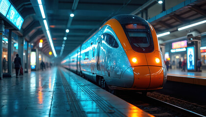 Modern orange and silver high-speed train waits at brightly lit urban station platform at night. Commuters walk past displays reflecting vibrant neon lights. Futuristic rail transport journey begins.