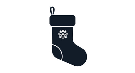 Simple black silhouette icon of a Christmas stocking decorated with a white snowflake hanging ready for holiday gifts and celebration.
