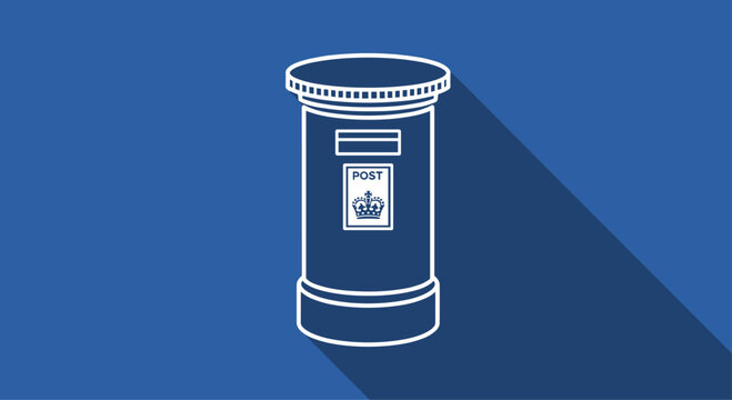 White outline icon of a classic British post box with the royal cypher in a flat design style on a solid blue background.