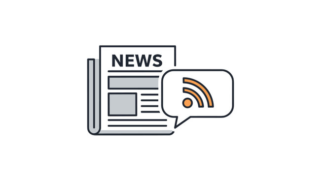 Modern line art icon of a newspaper with an RSS feed symbol representing online news updates subscriptions and digital media.
