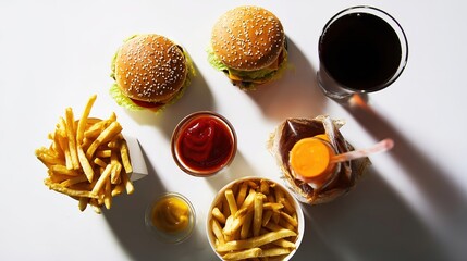 preservative. Overhead arrangement of unhealthy food items under stark clinical lighting with shadows. menu design, packaging mockups, designed for culinary blogs and recipe cards for restaurants.