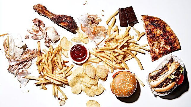 preservative. Overhead arrangement of unhealthy food items under stark clinical lighting with shadows. menu design, packaging mockups, designed for culinary blogs and recipe cards for restaurants.