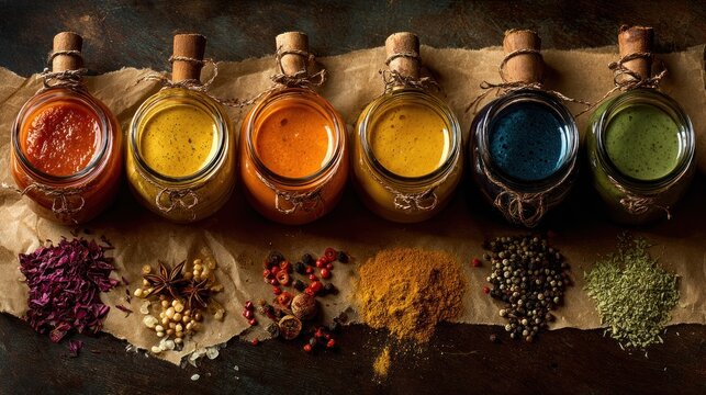 Assortment of colorful sauces and spices in glass jars on a wooden surface