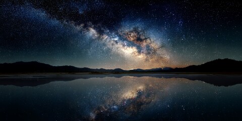 Fototapeta premium Conceptual image: the Milky Way reflected clearly on the surface of a perfectly still pond, creating a stunning celestial mirror effect, deep focus, surreal tranquility.