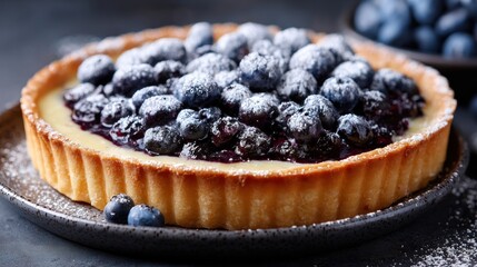 Delicious blueberry tart dessert with powdered sugar top view close up