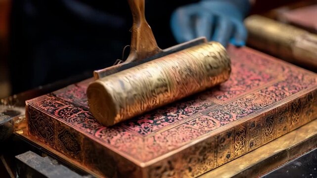 Medium frame showing a craftsman applying custom design textures to flat metal sheets enhancing their surface for artistic metalwork projects.