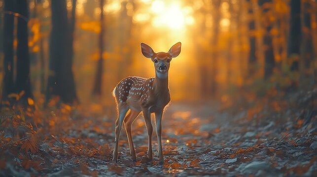 Fawn in a golden forest with sunbeams filtering through trees deer young deer photo