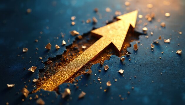 Golden arrow pierces dark surface amid scattered gold particles and shards. Upward trajectory signifies progress, breaking barriers towards financial success and achievement.