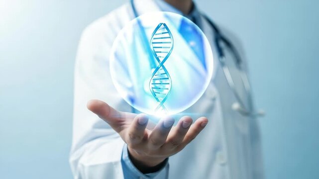 Doctor holding a glowing dna helix, symbolizing genetic research motion animated video.