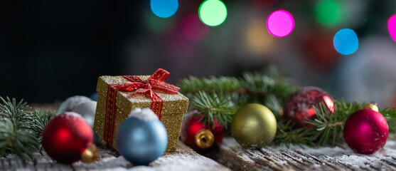 christmas card with baubles and holiday lights