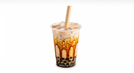 Brown Sugar Boba Milk Tea with Tapioca Pearls and Ice  Isolated on White. background PNG