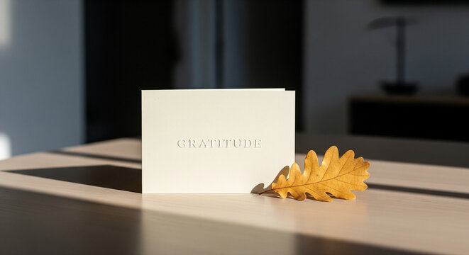Gratitude card and autumn leaf on a wooden table bathed in soft sunlight. Perfect for Thanksgiving greetings, mindfulness promotion, or seasonal event invites. Warmth, simplicity.