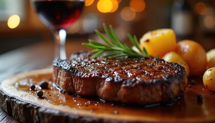 Close up shot shows juicy steak on wooden board. Appetizing beefsteak served with potatoes and rosemary with red wine. Gourmet dinner at fancy steakhouse restaurant table.