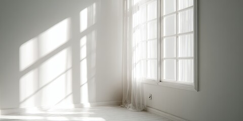 Fototapeta premium Soft, diffused window light illuminating a minimalist room with white walls, gentle shadows, tranquil morning atmosphere, cozy and inviting home interior.