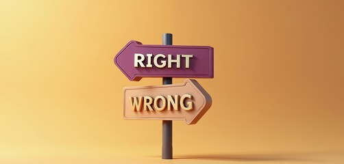 Signpost with two distinct arrows shows clear paths. One points to RIGHT, another to WRONG. Visual represents moral choices, important decision making, ethical dilemmas, alternative directions in