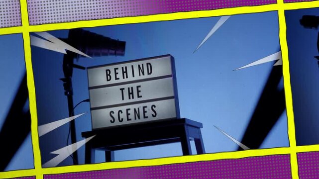 A cinematic view of a Behind the Scenes sign on a wooden stool under professional studio lighting. The frame includes a timestamp and recording elements mimicking a video camera interface. Close up.