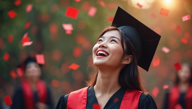Young smiling Asian woman graduate celebrates success outdoors at golden hour. Red confetti falls around. Wears cap, gown with broad smile. Happy students commemorate university achievement, envision - Powered by Adobe