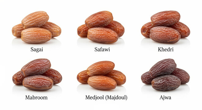 Assortment of Six Premium Arabian Date Varieties with Names &ndash; Saga, Safadi, Khadr, Mabroom, Medjool (Majoun), and Aja Dates Isolated on White.