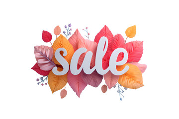 White sale text surrounded by colorful autumn leaves art on transparent background