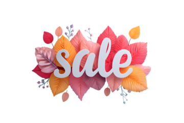 White sale text surrounded by colorful autumn leaves art on transparent background