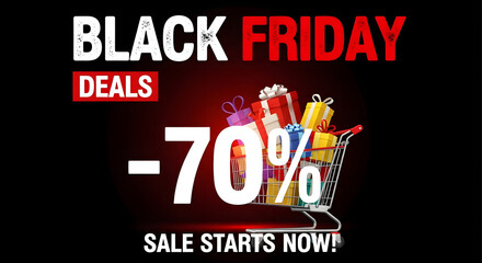 Black Friday sale announcement featuring shopping cart and gifts  