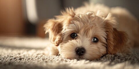 Cute playful puppy resting on rug in bright room with warm lighting, showcasing innocence and joy, ideal for pet lovers and animal lifestyle themes