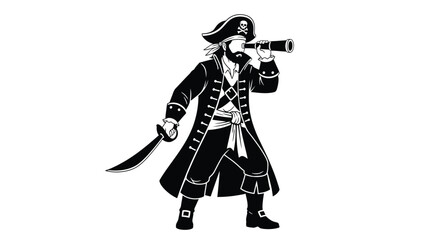 A vintage illustration of a pirate captain with a spyglass and sword