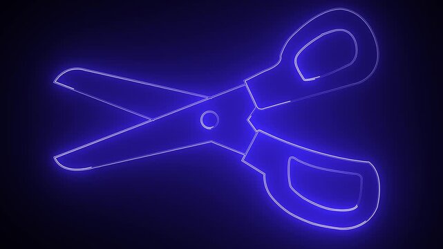 Blue Neon Outline of Open Scissors on Black Background cutting tool