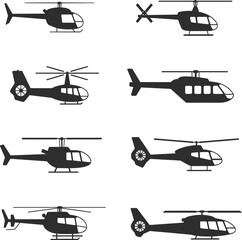 Helicopter silhouettes, aircraft vector, aviation icons, rotorcraft designs, transport, utility, flight, fuselage shapes, black graphic, aerospace