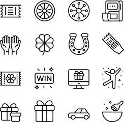 Luck icons, winning symbols, celebration, ticket, gift, prize, clover, horseshoe, slot machine, spin wheel, confetti, car, bowl, hands, monitor, win sign, jump, sparkle, reward, game, fortune