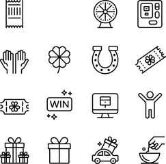 Naklejka premium Luck icons, winning symbols, reward, ticket, gift, clover, horseshoe, celebration, spin wheel, coupon, car, hands, bowl, monitor, voucher, raffle, sparkle, joy, prize, fortune, giveaway