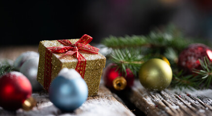 christmas card with baubles and holiday lights