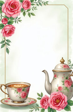 Watercolor drawing displays english afternoon tea set with floral decoration. Pink roses adorn teapot, teacup. Elegant design suitable for tea party invitations cards for celebrations. Classic floral