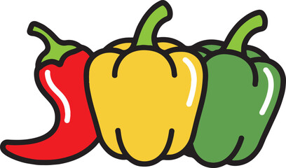 Red chili pepper yellow bell pepper and green bell pepper arranged together with black outlines and white highlights