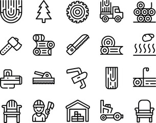 Woodworking icons, lumber tools, forestry vector, carpentry equipment, veneer, sawmill, timber processing, warehouse, furniture, worker, clamp