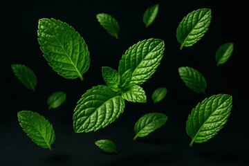 green leaves isolated on black background